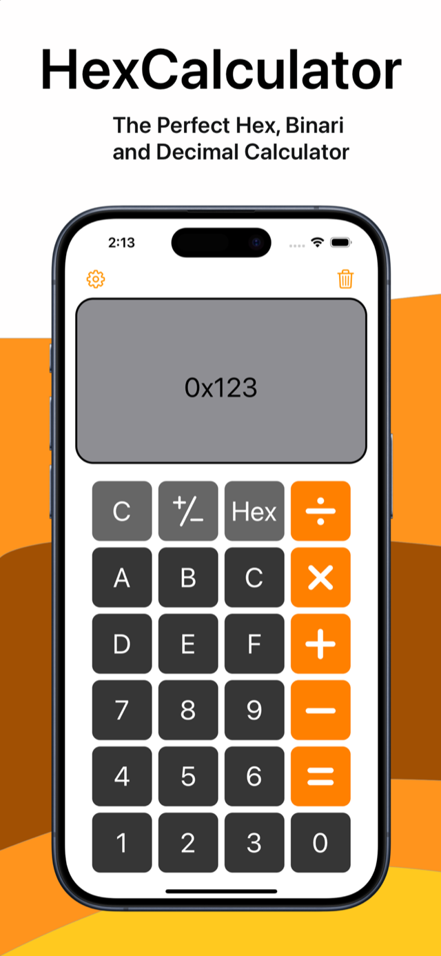HexCalculator on an iPhone showing 0x123 typed on the hexadecimal keypad